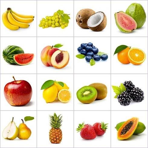 an assortment of different fruits and vegetables on a white background, including kiwis, oranges, apples, grapes, bananas, watermelon, blueberries
