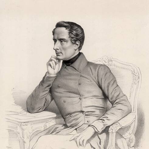 The image features a seated man in a contemplative pose. He has a thoughtful expression, resting his chin on his hand. The man is dressed in a buttoned coat and appears to be in a relaxed yet poised position on an ornate chair. The illustration has a classic, formal style, indicating a historical context. The background is simple, focusing the attention on the figure.