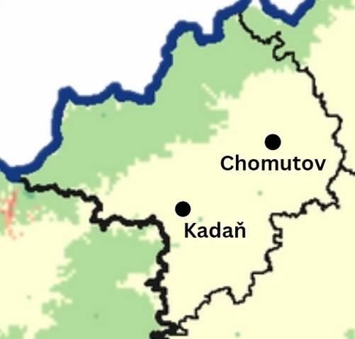 Houbařská mapa okresu Chomutov. Vysoká pravděpodobnost růstu hub je především poblíž hranic, ve zbytku oblasti je střední