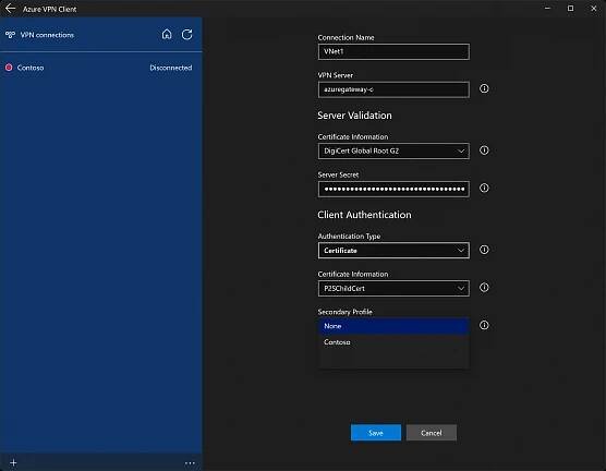 Snímek obrazovky zobrazující stránku konfigurace profilu klienta Azure VPN
