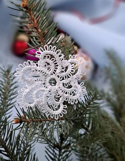 an ornament is hanging from a pine tree