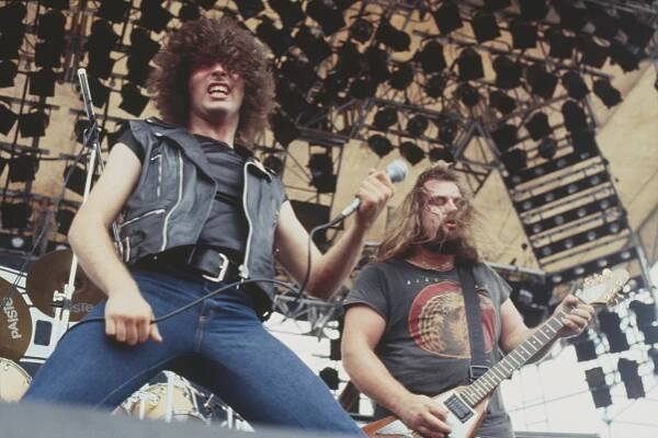 Vocalist Paul Mario Day and guitarist Kenny Cox of heavy metal group More perform live on stage at the Monsters of Rock festival at Donington Park, Leicestershire, 22nd August 1981.