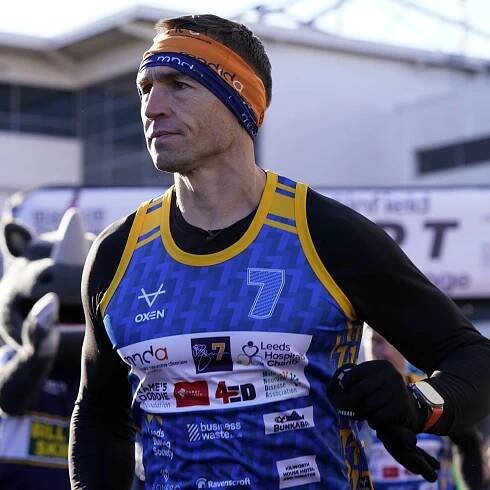 Kevin Sinfield greeted by Sir Gareth Edwards after latest fundraising challenge