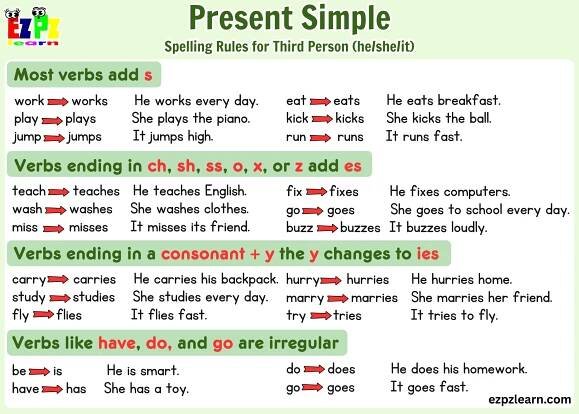 Master present simple spelling rules with this clear and simple reference chart!