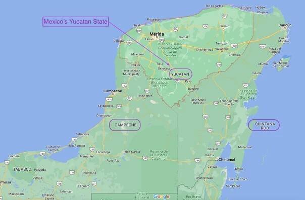 map of Yucatan state in Mexico showing nearby Campeche and Quintana Roo