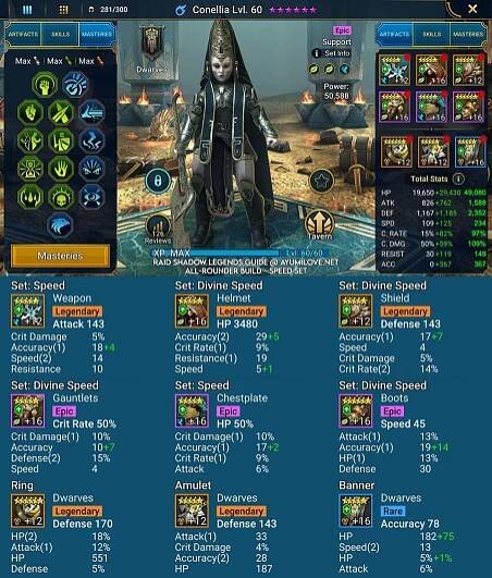 Raid Shadow Legends Conellia Artifact and Stats Reference Guide for All-Rounder Build
