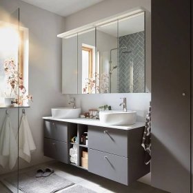 Elegant grey GODMORGON bathroom with cabinets and storage.