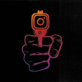 A hand pointing a gun whose muzzle is shaped like the Instagram logo