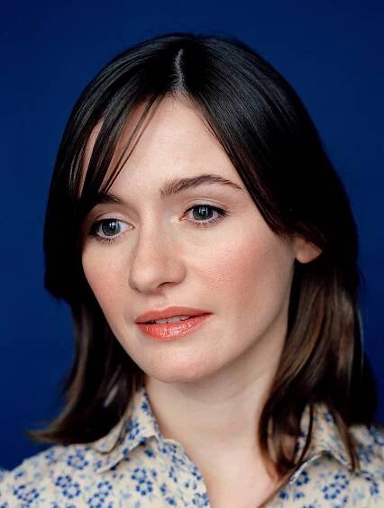 Emily Mortimer shining in her blue attire Wallpaper