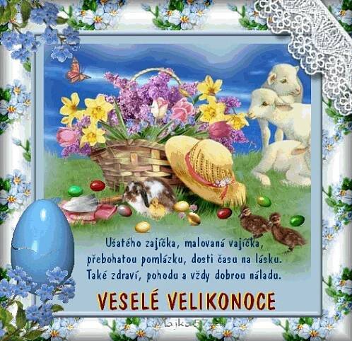 an easter card with bunny, rabbit and flowers in the center is surrounded by blue eggs
