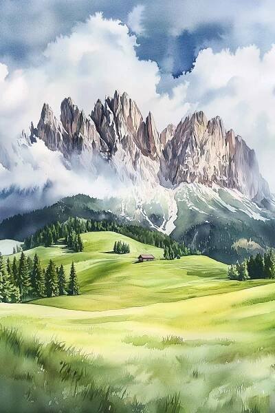 Fototapet Dolomity, alpské hory, Itálie, krajina, akvarel f44601