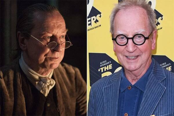 Bill Paterson as Ned Gowan in 'Outlander' season 1; Paterson in London in 2024
