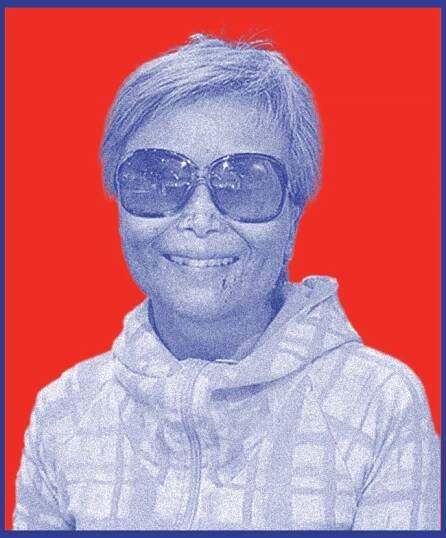Vivian in blue on a red background with a blue border