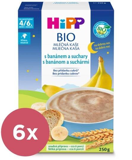 6x HiPP BIO Kaše mléčná na dobrou noc s banánem a suchary od uk. 4.-6. měsíce, 250g