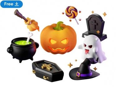 Download free Halloween 3D icons. Blender source, transparent PNG, JPG files. Ghost, pumpkin, tombstone.