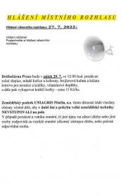 Hlášení obecního rozhlasu 27. 7. 2022 | Obec Pěnčín