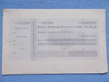 Starý peněžní šek ček tiskopis Banka Edward Radim Praha