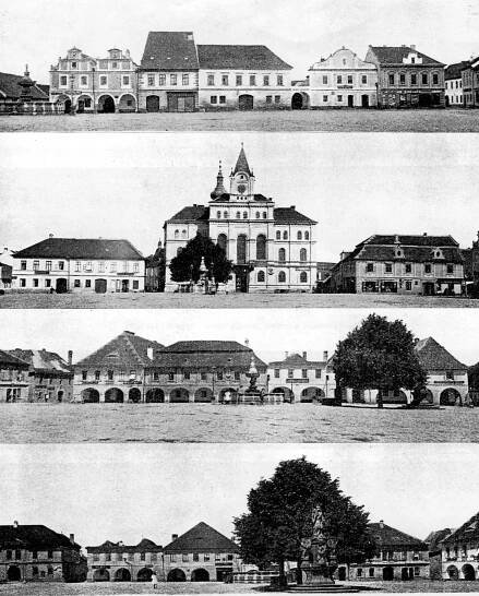 Netolice, podoba jednotlivých stran náměstí na počátku 20. století. Shora: severní, západní, jižní a východní strana. Převzato ze Soupisu památek politického okresu Prachatického.