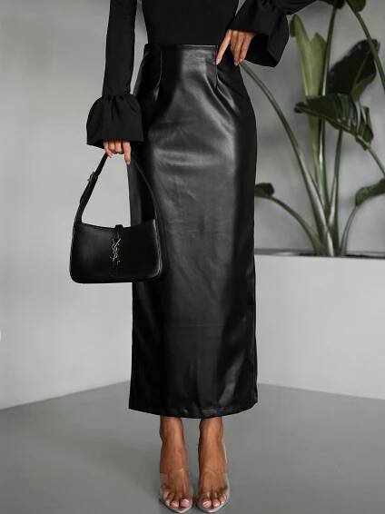Černá koženková midi sukně OGELY | Erika Fashion
