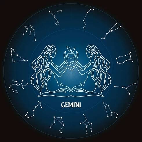 Znamení zvěrokruhu Gemini v astrologickém kruhu se zvěrokruhovými konstelacemi, horoskopem. Modrobílý design, vektor — Ilustrace