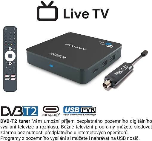 Mascom Sunny-T Android TV box s DVB-T2 tunerem, 4K HDR, WiFi, BT, Oneplay, Netflix