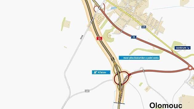 Mapa trasy chybějícího úseku západního obchvatu Olomouce, na jehož dostavbu se čekalo 17 let.