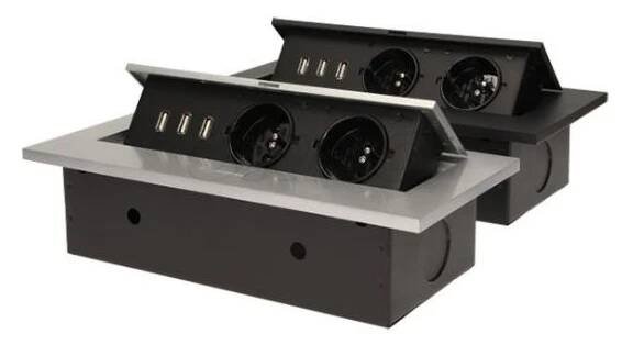 AE 1324 - vestavný, zásuvkový, vyklápěcí modul stříbrný a černý, 2x zásuvka 230V, 3x zásuvka USB 5V