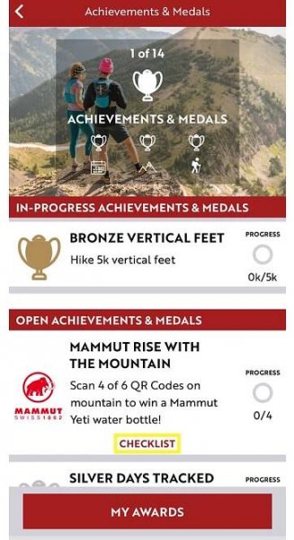 Scroll down to the "Open Achievements & Medals" section to find the Mammut Rise with the Mountain achievement. Tap "Checklist" to view a list of the locations of the 6 QR codes around the mountain.