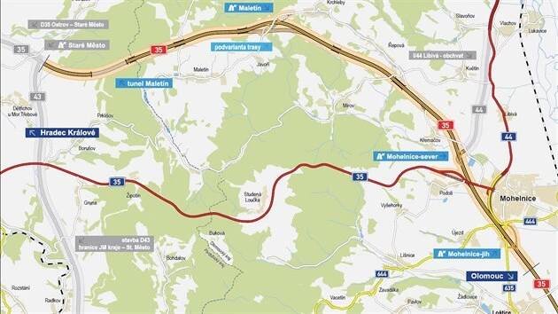 Mapa zobrazující trasu dosud chybějícího úseku dálnice D35 mezi Starým Městem a Mohelnicí, na jehož dokončení navíc závisí i stavba obchvatu Libivé.