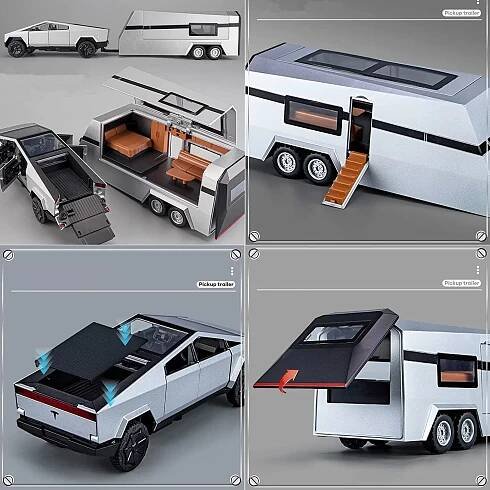 Model auta v měřítku 1/32 Cybertruck Pickup Přívěs tlakově litý, autíčko se zvukem a světlem pro děti Batole Boys Girls Collection