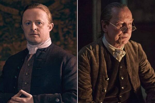 Conor MacNeill as Ned Gowan on 'Outlander: Blood of My Blood'; Bill Paterson as Ned on 'Outlander'