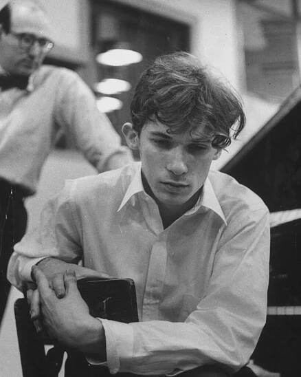 Glenn Gould listened intensely to playback of his performance of Bach at a Columbia recording studio, 1956.