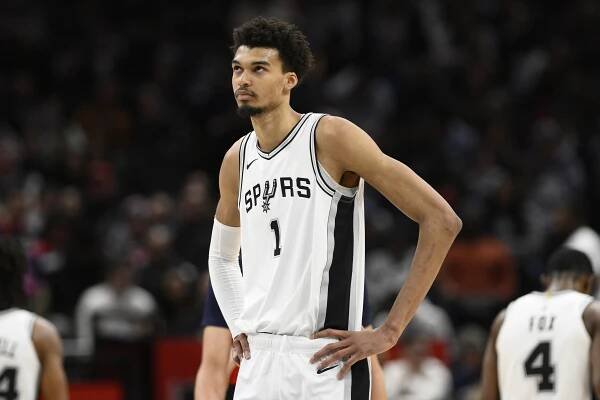 Victor Wembanyama looks on during the San Antonio Spurs' game against the Washington Wizards.