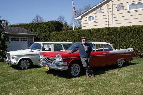Dave Evans in front of his Long Island home with his 1960 Studebaker Station Wagon and his 1958 Dodge Coronet Lancer.