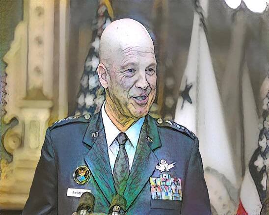 The Space Force Commanding General in dress uniform and good humor at the podium.