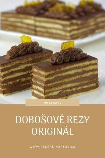 two pieces of cake on a plate with the words dobosove rezy original