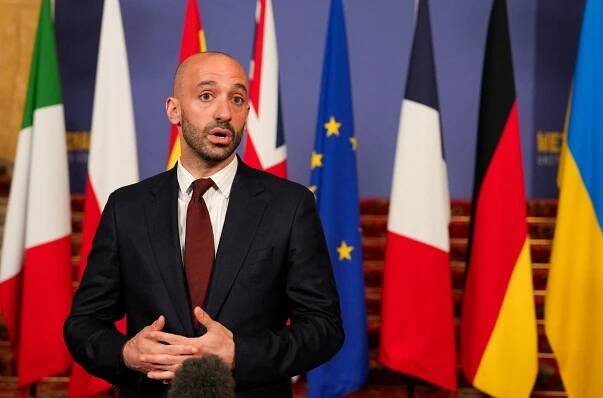 Benjamin Haddad, French Delegate Minister for Europe, speaks at a press conference in London.