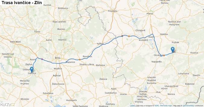 Ivančice-Zlín, mapa trasy