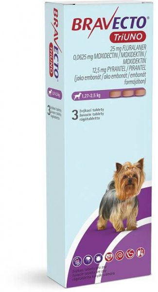 BRAVECTO TriUNO žvýkací tablety pro psy XXS (1,27-2,5 kg) ⋆ CYMEDICA – partner pro veterinární profesionály