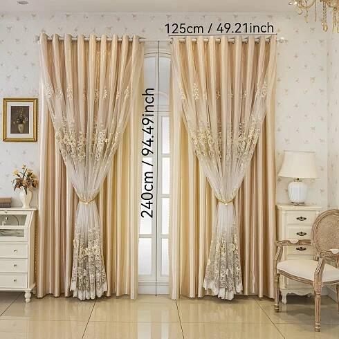 1ks Luxusní Dvojvrstvá Vyšívaná Závěs - Květinová Výšivka, 100% Polyester s Očkováním pro Snadnou Instalaci, Pratelný v Pračce, Obývák, Ložnice, Studovna, Domácí Kancelář, Elegantní Okenní Dekorace, Klasický Styl Jacquard Polyester, Odolný Materiál, Stylové Záclony, Interiérové Designéry