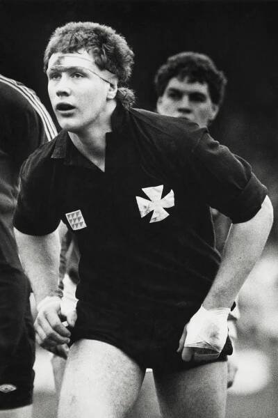 Black and white photo of Mark Jones, a Welsh rugby player.