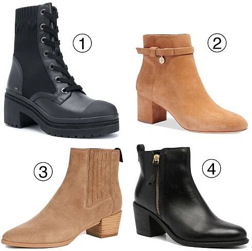 MICHAEL Michael Kors knitted-panel ankle boots (1), Kate Spade New York Delina suede ankle boots (2), Rag & Bone Rover booties (3), and Carvela Secil ankle boots (4) offer a sleek range of versatile and stylish ankle boot options