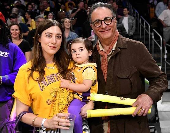 Andy Garcia and his daughter Daniella Garcia-Lorido, and grand daughter Violet Rose attend a basketball game between Los Angeles Lakers and Memphis Grizzlies on April 28, 2023 in Los Angeles, California. 