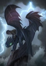 Toothless standing on a sharp rock, with Hiccup on his back, lightning and dark clouds in the background.