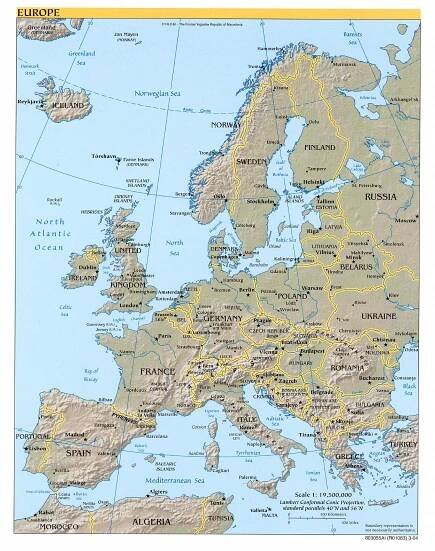 Szczegółowa mapa polityczna i reliefowa Europy.