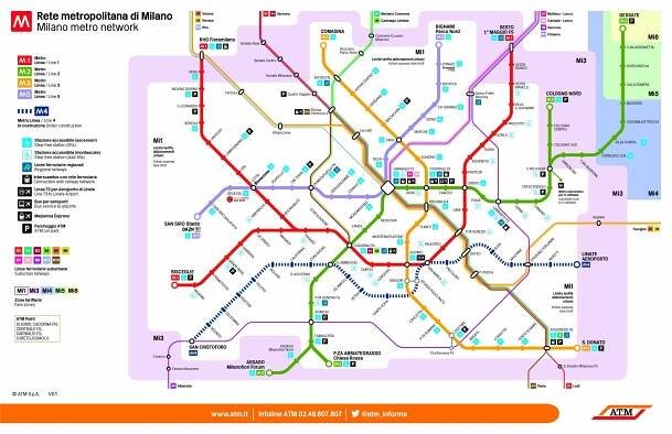 Mapa metra a vlaků S v Miláně