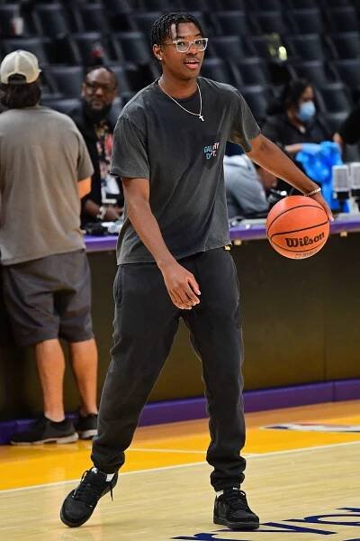 Bryce James dribbles the ball after the game between the Phoenix Suns and the Los Angeles Lakers on January 2, 2023