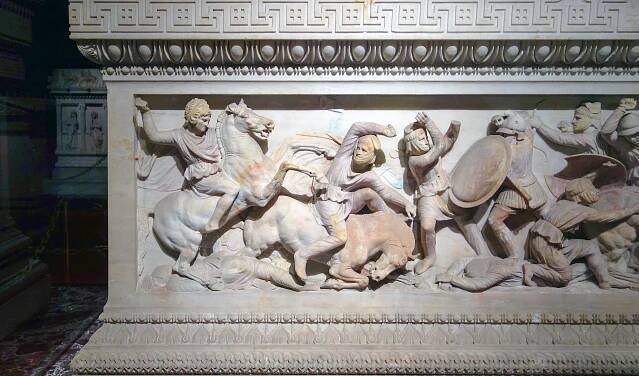 Alexander the Great (mounted figure at left) from The Alexander Sarcophagus, c. 312 B.C.E. (found in Sidon), Pentelic marble and polychromy, 195 x 318 x 167 cm (İstanbul Archaeological Museums)