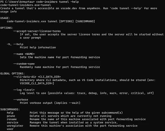 Output of tunnel help CLI command