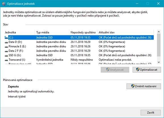 Defragmentace SSD disků u Windows10 se automaticky spouští 1x za měsíc